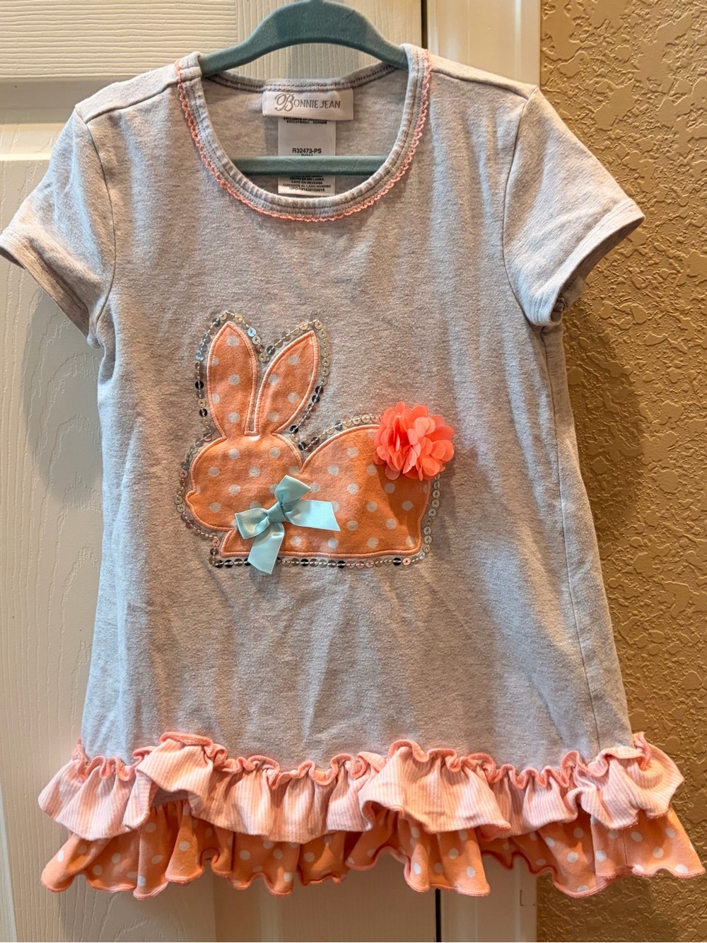 Bonnie Jean Gray Tee with Coral Polka-Dot Bunny and Mint Bow